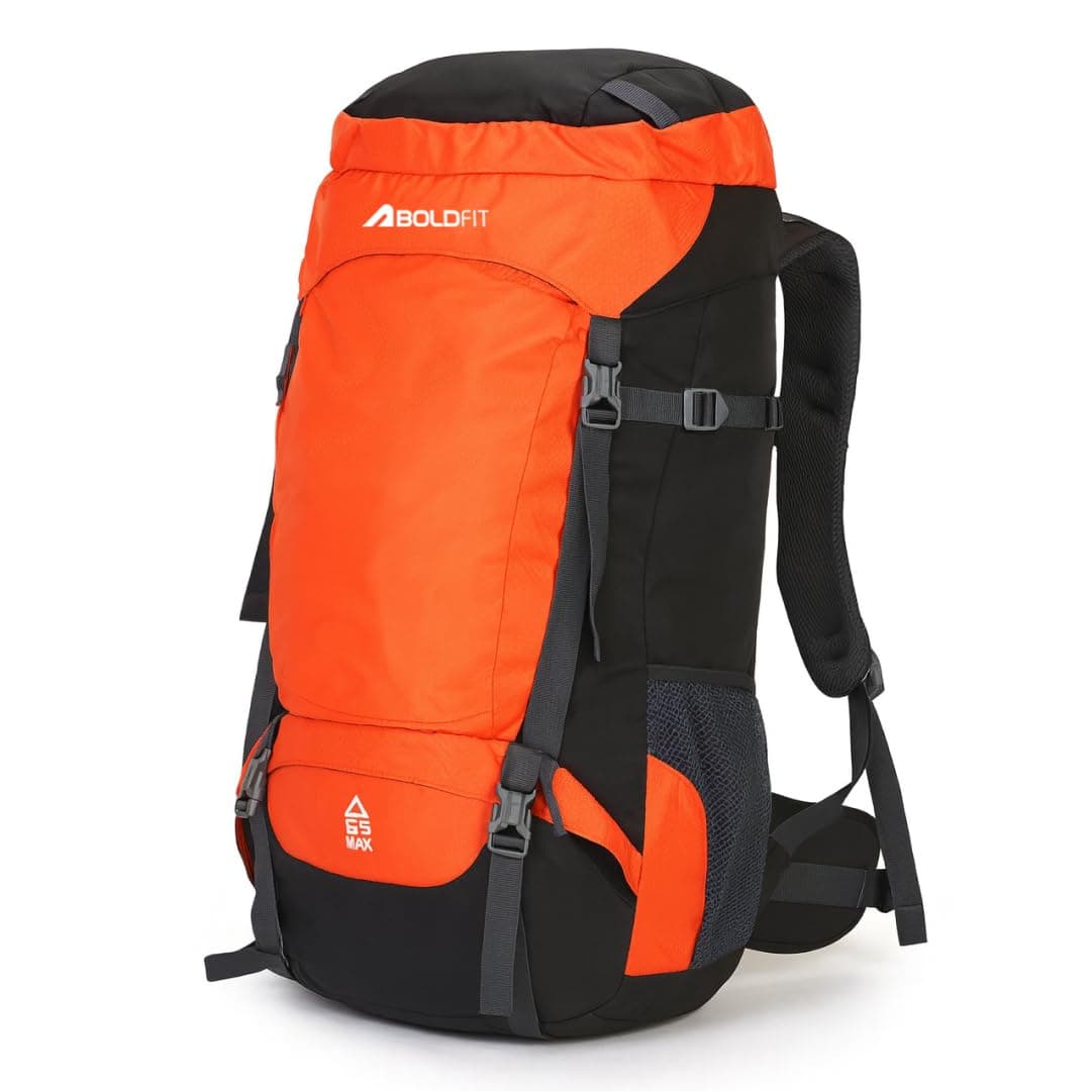 Boldfit Rucksack Bag 65 litres Trekking Bag Travel Backpack for Men & Women Rucksack Bags for Men with Laptop Sleeve & Waterproof Rain Cover for Camping Tourist Shoe Compartment 65Ltrs (Orange)