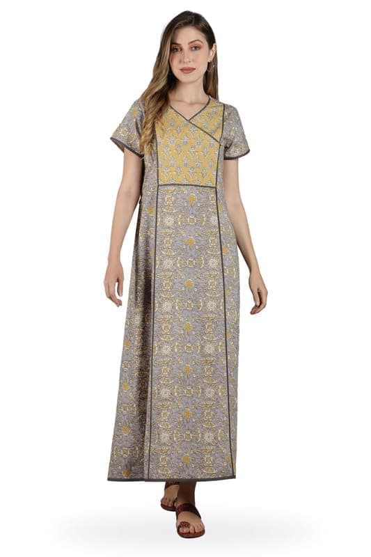 NIHSAMAH Cotton Night Gown for Women - Angrakha Style Nighty, Comfortable Sleepwear/Nightwear/Maxi