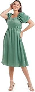 Zink London Women's Green Solid Puff Sleeve Midi Dress