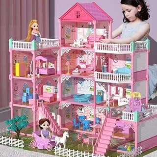 4-Story Dollhouse Building Toys, Playset with LED Lights, Movable Slides, Stairs, Furniture, Accessories, Dolls and Pets, Cottage Pretend Play House, DIY Creative Gift for Girls Toddler