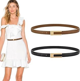 PALAY Waist Belt for Women Jeans, 2pcs Black & Brown Belts for Women Dresses, PU Leather Skinny Fashion Ladies Belt for Woman Dresses Blouse Blazer
