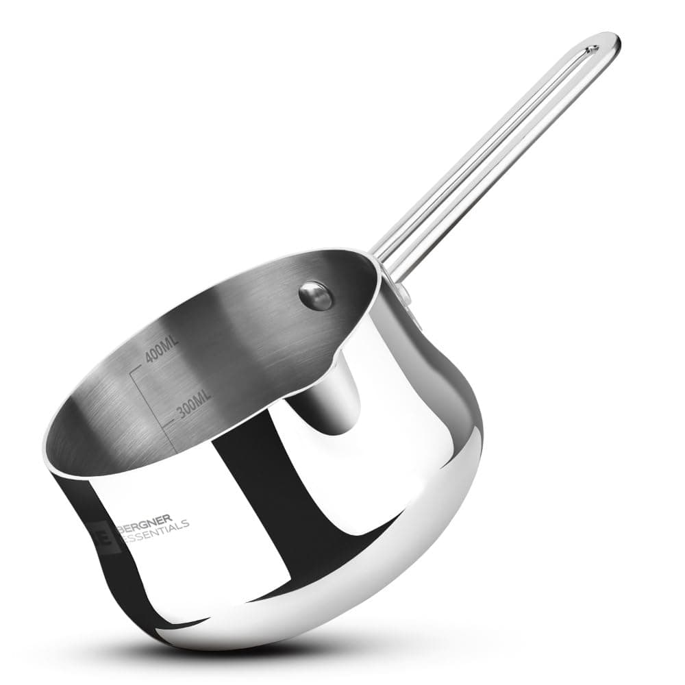 Bergner BE Essentials Tri-Ply 10cm (550ml) Stainless Steel Coffee Warmer/Milk Warmer, Even & Faster Heating, Food Safe, Durable, Easy to Pour, Serve and Clean - Induction Bottom and Gas Stove Ready
