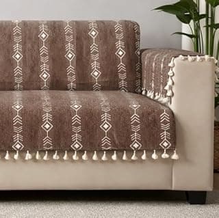 STITCHNEST Chenille Printed Sofa Cover 3 Seater with 2 Hand Rest Covers – Washable Beige Sofa Cover with Tassels – Durable Premium Fabric – Stylish Sofa Protector for Living Room & Furniture Decor