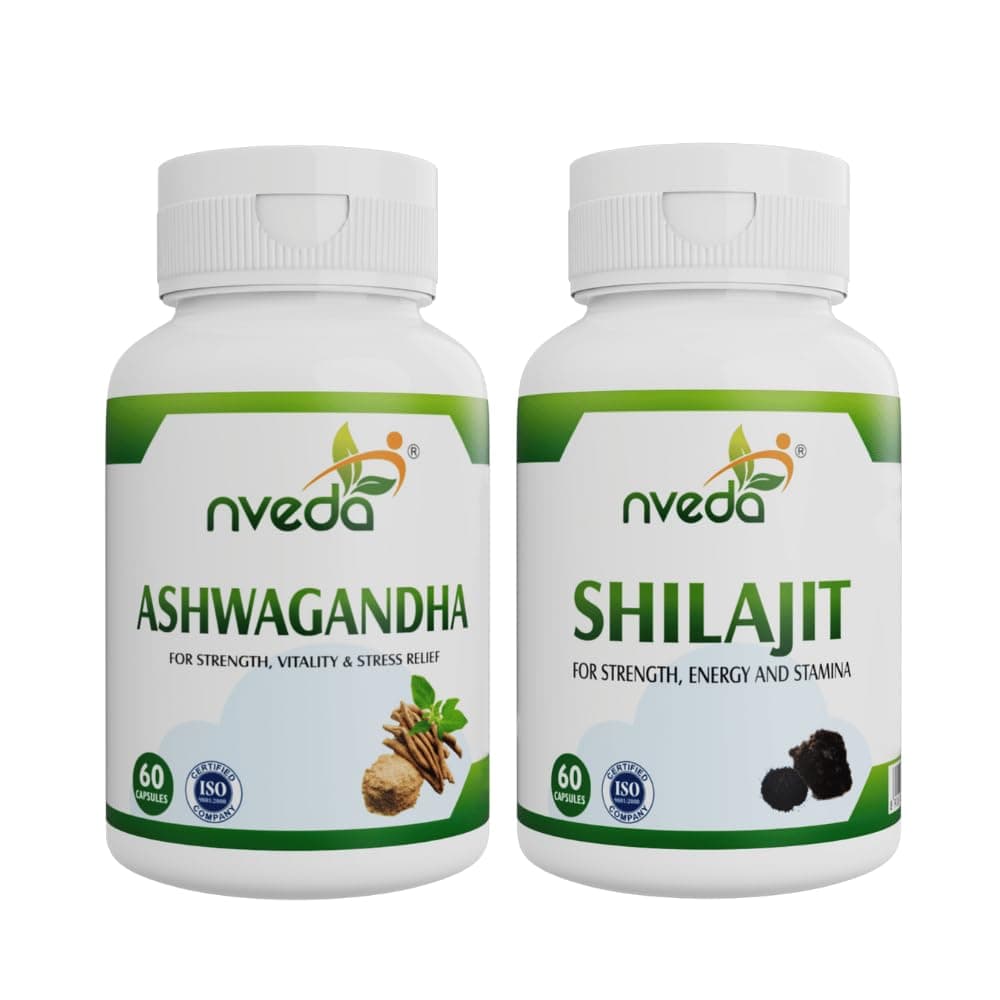Nveda Shilajit & Ashwagandha Capsules for Men | Energy, Stamina & Vitality Booster | Stress Relief, Strength & Performance Support | Ayurvedic Shilajit Ashwagandha Supplement | 120 Capsules Combo
