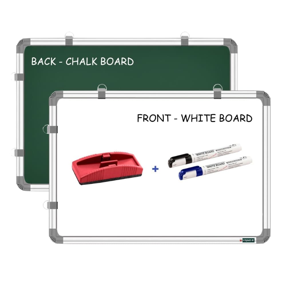 YAJNAS White Board 1.5X2 Feet Non-Magnetic Double Sided Whiteboard & Chalkboard Both Side Writing Board with 2 whiteboard Markers + 1 White Board Duster - Set of 4 Items