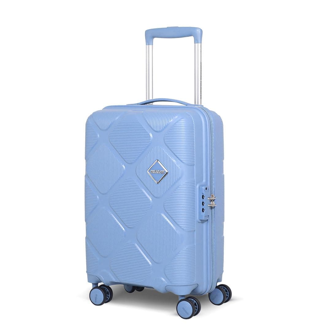 American Tourister Instavibe 55 CM Trolley Bag for Travel Small Polypropylene Suitcase 8 Wheels Spinner Hard Case Mounted TSA Lock, Flexi Packing Straps, and Side Hooks for Men & Women - Sky Blue