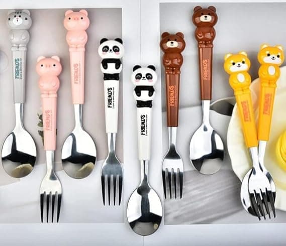 AMANVANI Kids Cartoon Character Cutlery Set of 1 Stainless Steel Spoons and Forks, Animal Designs, Interactive Lunch Set with Figures Spoon & Fork Cutlery Set for Kids Return Gift