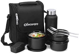 SOPL-OLIVEWARE Teso Pro Lunch Box with Steel Cutlery,3 Microwave Safe Inner Containers with Bpa Free Lids(290Ml,450Ml&600Ml) Plastic Pickle Box(130Ml) Steel Water Bottle(750Ml)-Black,600 ML