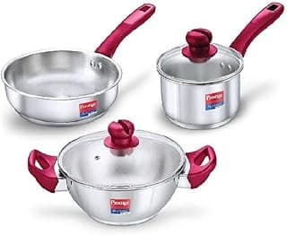 Prestige Stainless Steel 3 Pc Cookware Set with 2 Glass Lids | Platina Popular | Fry Pan 22cm/1.9L | Kadai 22cm/2.25L | Sauce Pan 16cm/1.5L | Gas & Induction Compatible |TRIPLY Base |5Y Warranty |ISI