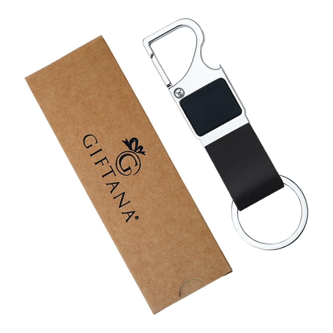 Giftana Bottle Opener Keychain for Men, Pu Leather Metal Key chain for Women, Keychain for Home, Office, Car & Bike, Silver Keyring, Gifts for Husband, Brother, Father (Black)