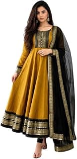 White hill enterprises Elegants Silk Cotton Anarkali Orange Gown Set with Zari Kanchi Border & Contrast Zari Dupatta Ethnic Gown for Women