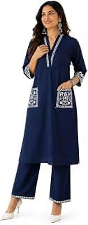 Women's Cotton Embroidery Straight Kurti with Pant Set