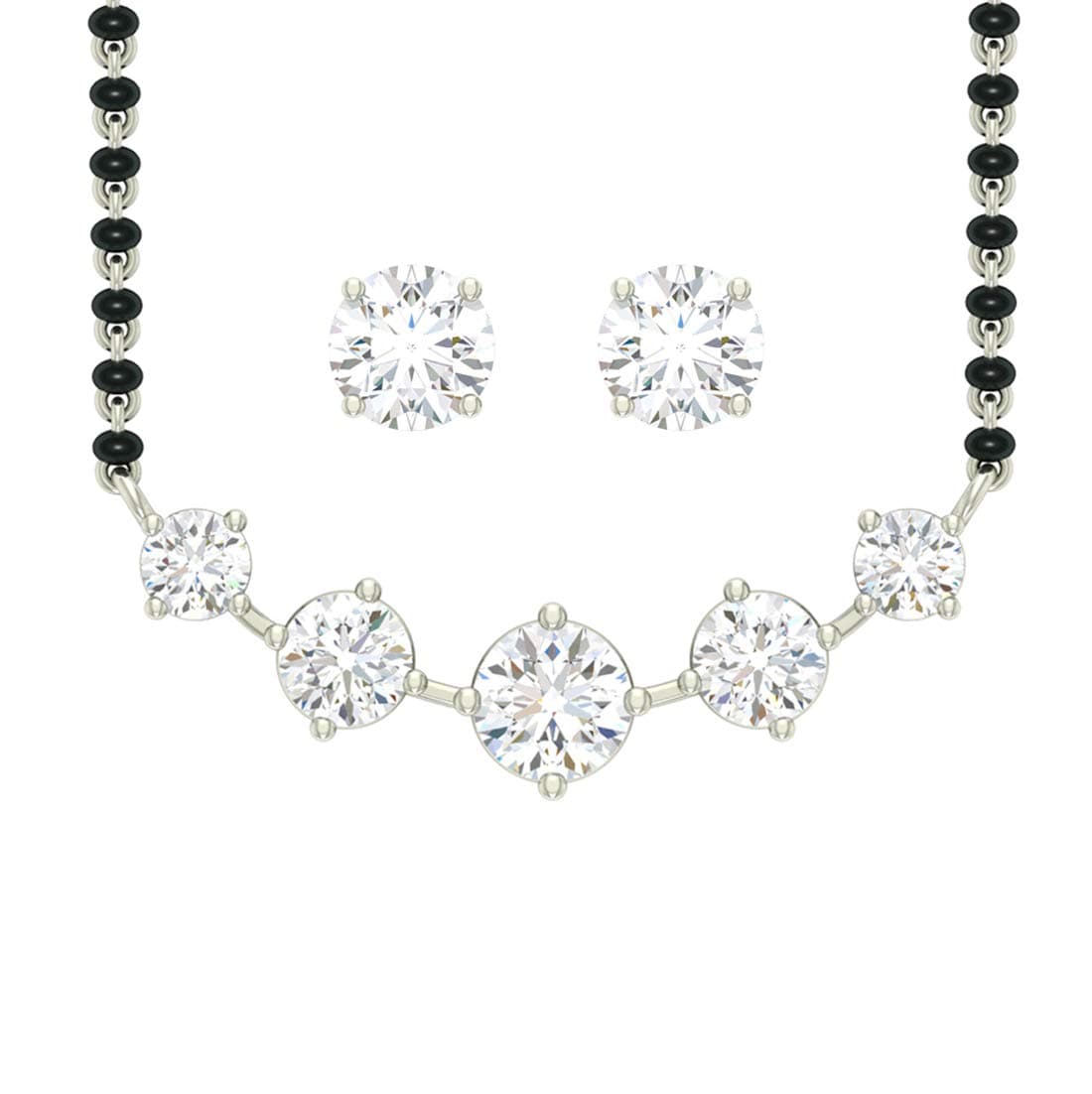 Clara 925 Sterling Silver 5 Stone Mangalsutra Earring Chain for Women | Gift for Wife | Black Beads Chain | Platinum Plated | Swiss Zirconia | Jewellery Set
