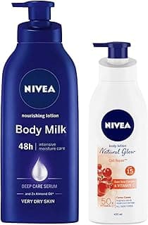 NIVEA Body Lotion for Very Dry Skin, Nourishing Body Milk 600 ml & NIVEA Body Lotion Natural Glow, Cell Repair, SPF 15 & 50x Vitamin C 400 ml
