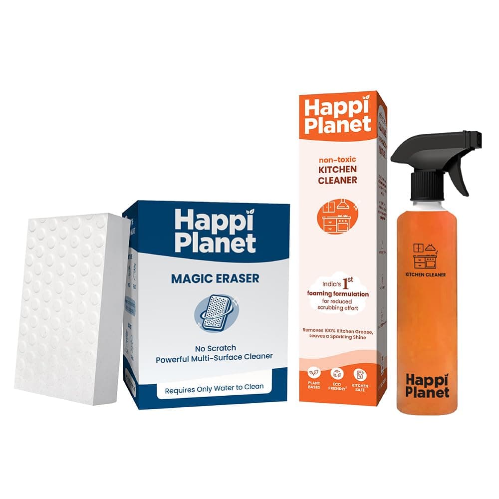 Happi Planet Kitchen Cleaner Spray 500ml + Magic Eraser Pack of 4 | Foaming Cleaner & No-Scratch Sponge | Removes Tough Stains from Stoves, Chimneys, Walls, Cabinets, Kitchen & Bathroom