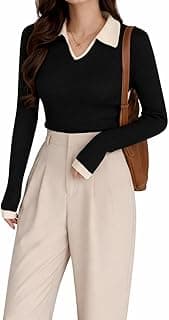 TANUSHK Women's Ribbed Knit Sweater with Contrast Collar, Black and White, Long Sleeve V-Neck Top