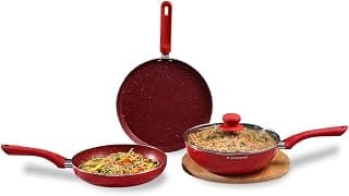 Wonderchef Royal Velvet Plus 4 Pc Non-Stick Cookware Set for Kitchen, Fry Pan 24cm, Wok with Lid 24cm, Dosa Tawa 28cm, Non-Toxic PFOA Free, Gas Stove & Induction Friendly, 2-Yr Warranty, Red