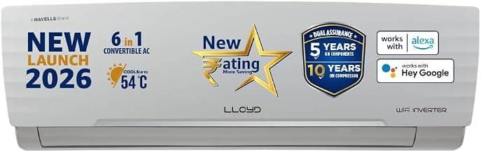 Lloyd 1.5 Ton 5 Star Wi-Fi Inverter Split AC 2026 New Star Rated (6 in 1 Convertible, Cools Up To 54°C, Voice & Wi-Fi Enabled, DG Mode, Ice Clean, 4 Way Swing, Installation Check, White, GLS18V5AGGGW)