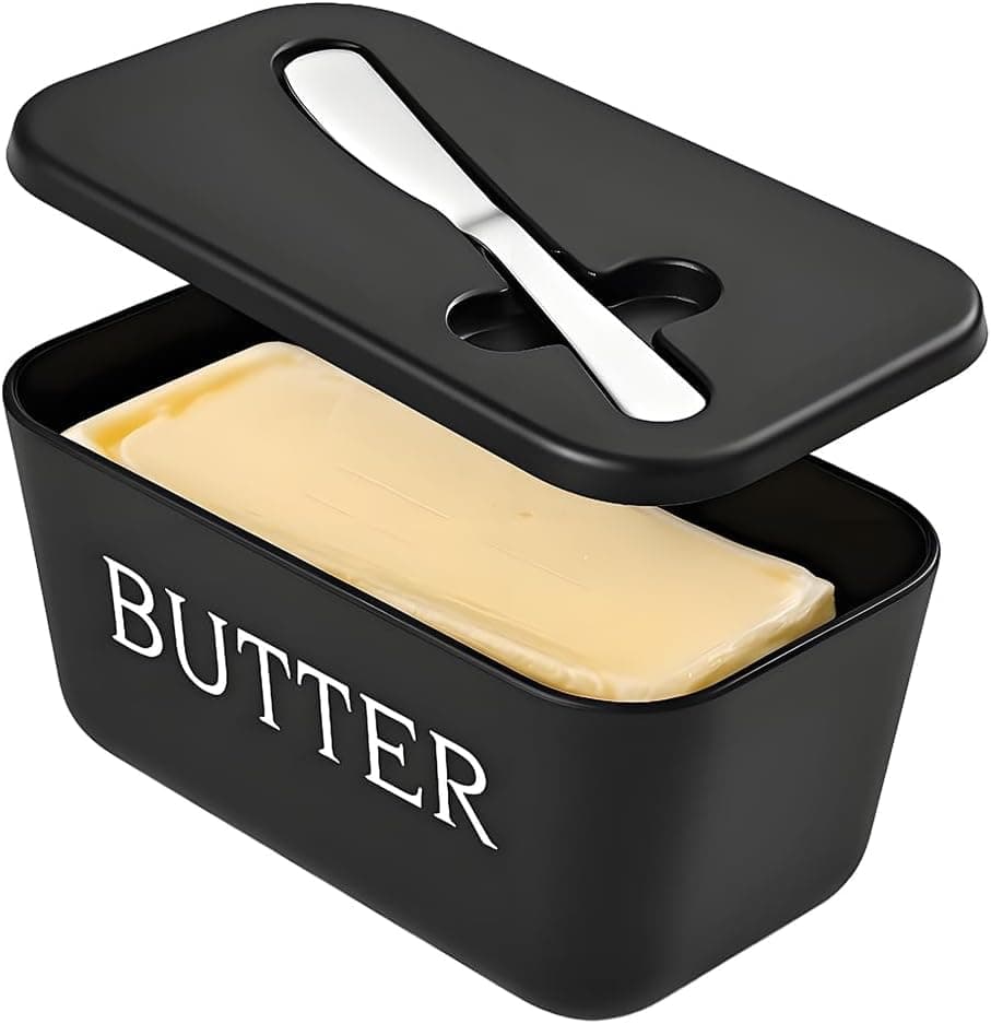 Kyraton Large Plastic Butter Dish with Lid and Knife, Food Grade PP Butter Holder Keeper with Cover for Kitchen Refrigerator Butter Container (Black)