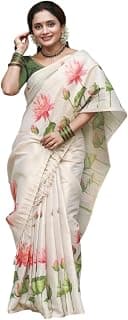Fikfoluo Linen Tissu Silk Saree with Floral Print Designer and Green Contrast Blouse Piece.