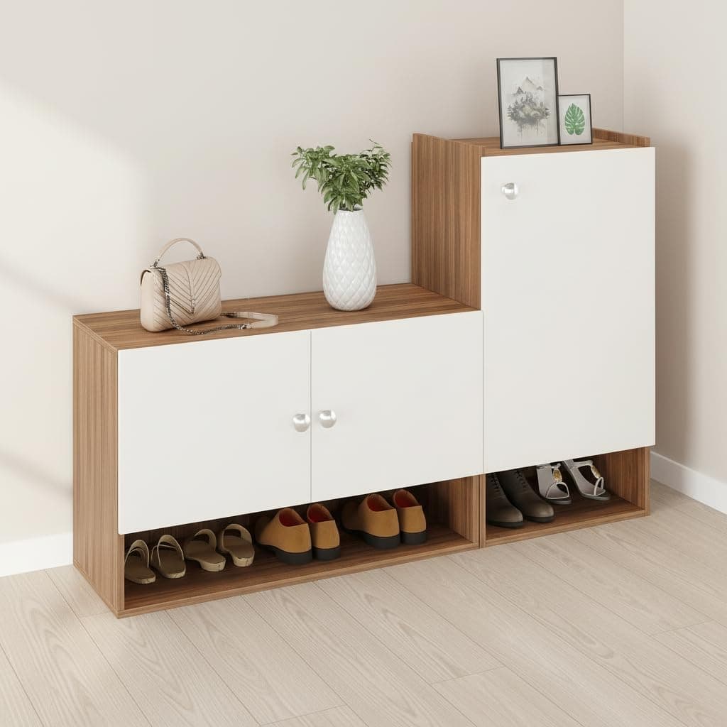 FURNEASER Sinala Wooden Shoe Rack for Home with Doors & Open Shelves | Modern Shoe Cabinet Organizer for Entryway | Engineered Wood Shoe Stand with Storage (Exotic Teak & White)