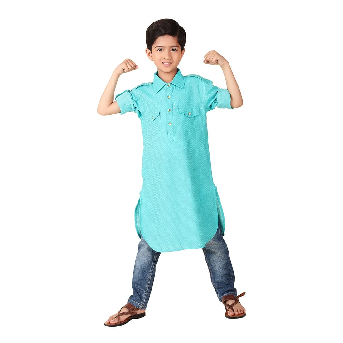 Fabindia Teal Cotton Dobby A-Line Long Kurta