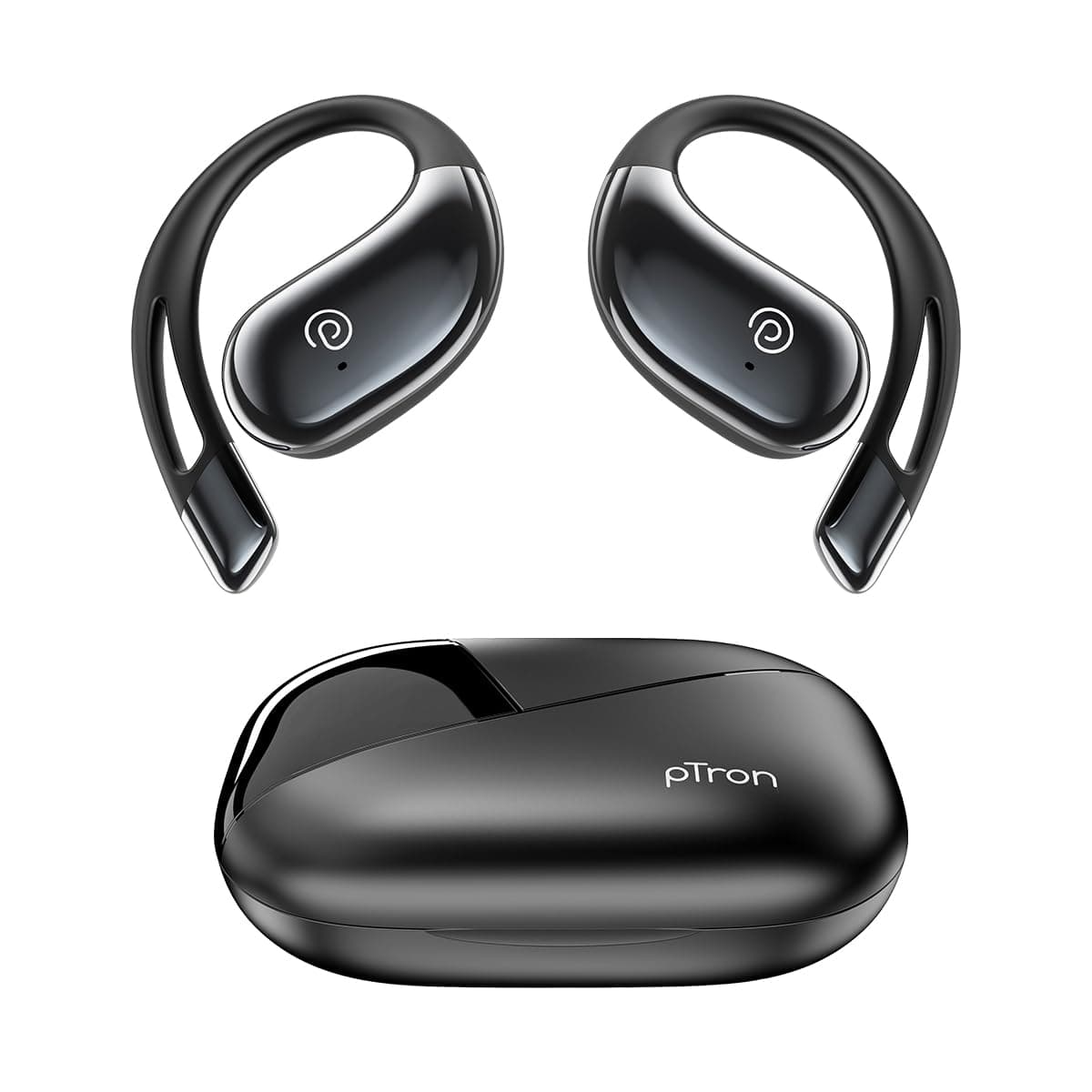 pTron Bassbuds Trendz Open Ear Wireless Earbuds, SafeBeats Design, Dual HD Mics & TruTalk AI-ENC Calls, 45Hrs Playtime, App Support, 14.2mm Drivers, BT6.0 Headphones, Type C Charging & IPX5 (Black)