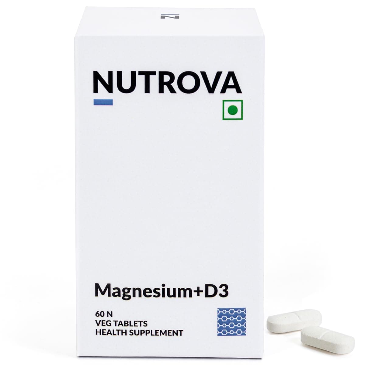 Nutrova Magnesium+D3 | With Magnesium Bisglycinate & Vitamin D3 | Supports Better Sleep, Mood, Energy & Muscle Recovery | High Absorption Formula | Gentle on Stomach | 60 Veg Tablets (Pack of 1)