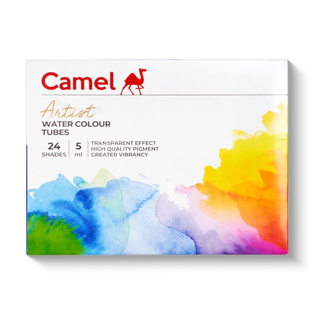 Camel Artist Watercolor Tube - 24 Shades (5ML Each) | Vibrant Pigments for Rich Colors | Quick-Drying & Easy Blending | Perfect for Portraits, Landscapes & Florals | Multisurface Use.