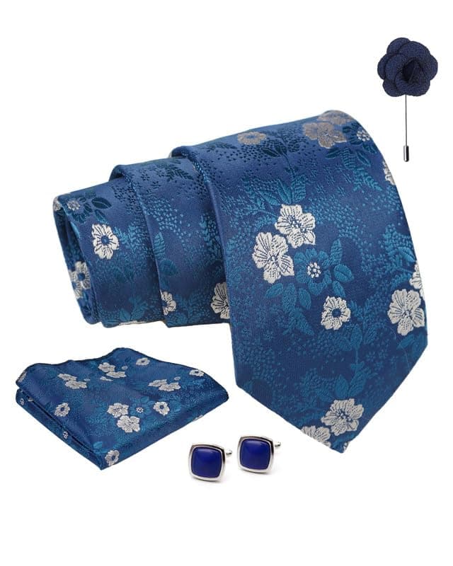 Axlon Tie for Men – Geometric Silk Neck Ties Set with Cufflinks Flower Pin, Pocket Square & Black Gift Box, Combo Necktie Sets for Office Wear, Formal Suits & Weddings (Peacock Blue, AX24_33)