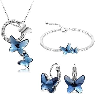 Shining Diva Fashion Shining Diva Valentine Gift Girlfriend Wife Italian Designer Platinum Plated Crystal Butterfly Earrings Chain Pendant Necklace Combo Jewellery Set for Women and Girls (Blue) (14603s)