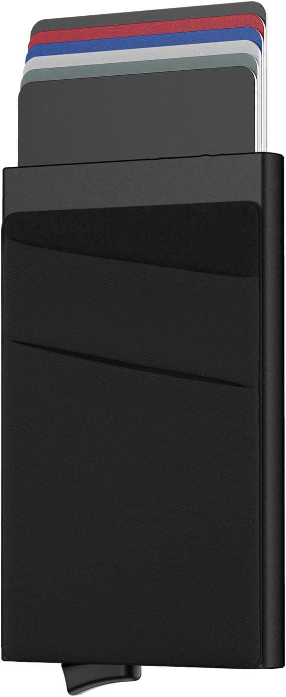 VOGARD Men Metal Card Holder with Money Pocket Pop Up Wallet RFID Blocking Slim Bank Card Case Holds 7 to 9 Cards and Notes (Black)