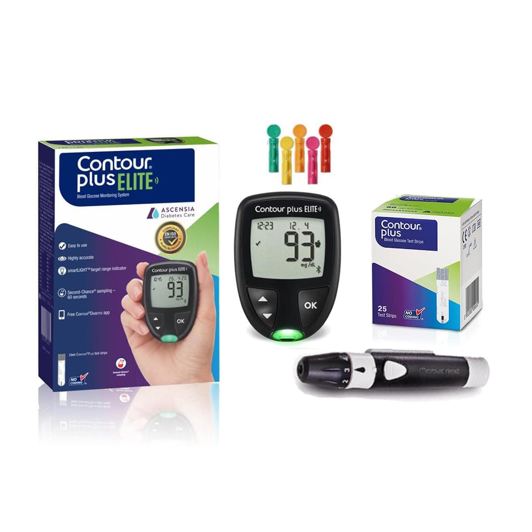 Contour Plus Elite Blood Glucose Monitoring System (Glucometer with Contour Plus Blood Glucose Test Strip 25S Free) | with Bluetooth