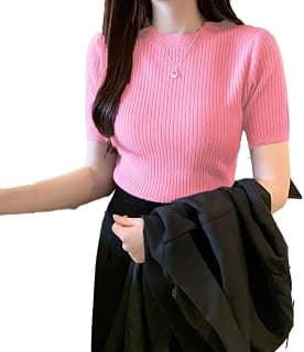 Istyle Can Women Ribbed Slim Fit Top | Stretch Cotton Knit Crew Neck T-Shirt | Solid Casual Short Sleeve Tee for Office, Layering