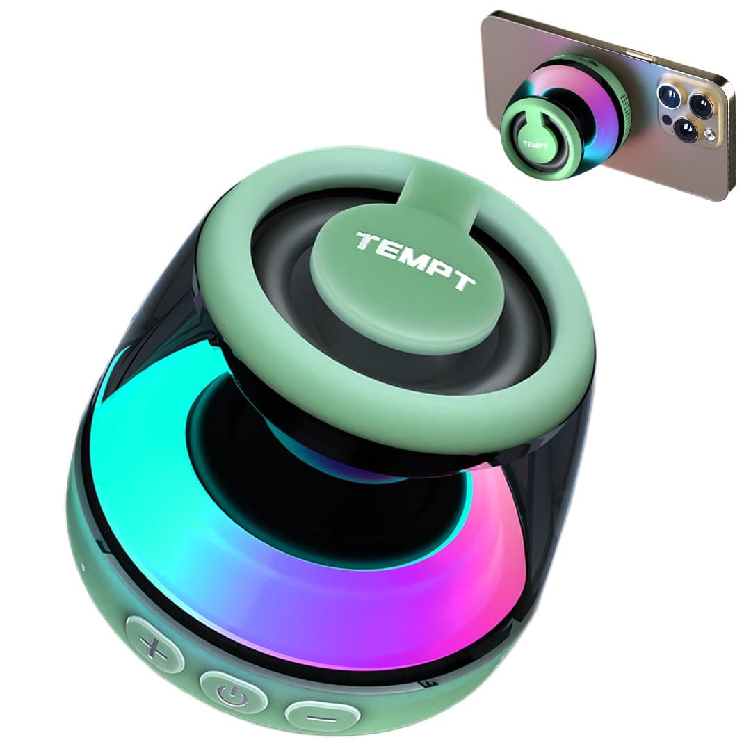 TEMPT Cameo Bluetooth Speaker, 6W Subwoofer & Mic, 6hrs Playtime - Green | Powerful Bass Output, Magnetic Stick-On Design, Built-In RGB Lights, Compact & Portable for Travel, with Type-C Fast Charging