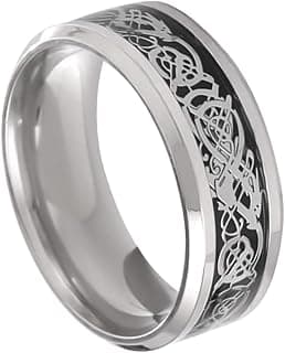 Yellow Chimes Rings for Men Dragon Celtic Inlay Polish Finish Silver Base Titanium Steel Ring for Men and Boys.