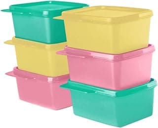 Tupperware Plastic Square Refrigerator Container Keep Tab 500Ml 6Pc, Pink, Green, Yellow, Blue-Green