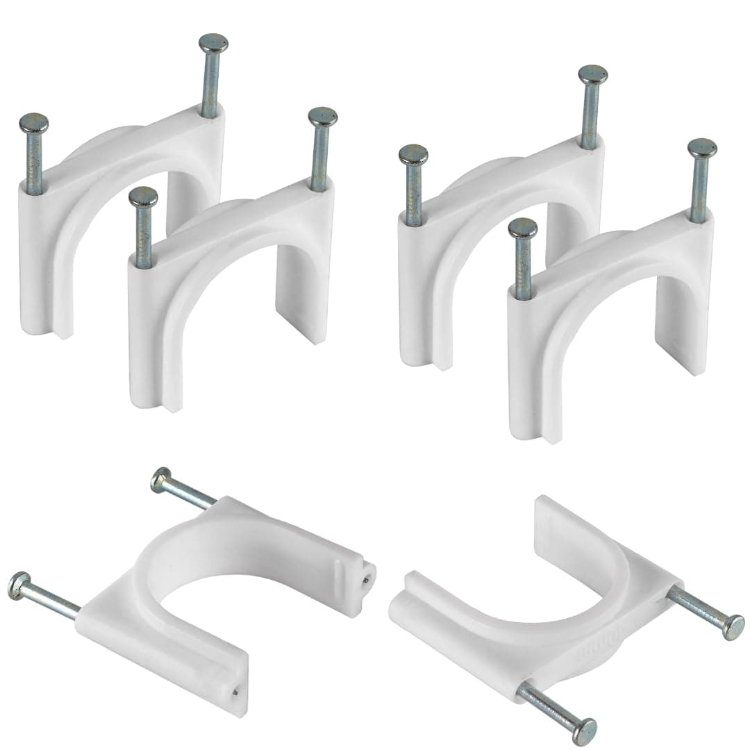 Hi-Plasst 20mm Double Nail Pipe Cable Clips (Pack of 50) | 3/4 Inch CPVC & UPVC Pipe Clips with Metal Nails, 0.75" for Wire Fastening, Cord Management, and Cable Protection (White)