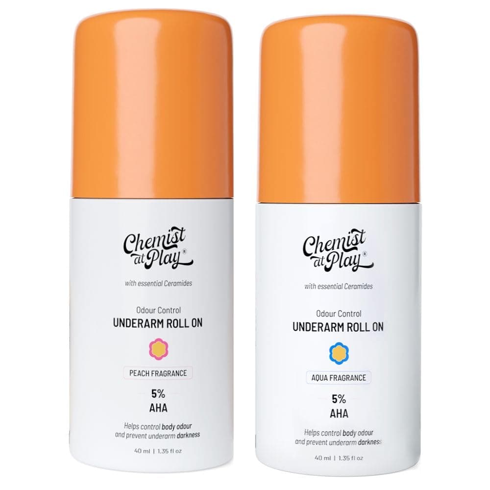 Chemist At Play UnderArm Roll On Deodorant with 5% Lactic Acid & 1% Mandelic Acid | Prevents Body Odour & Fades Pigmentation | 0% Aluminium & 0% Alcohol | Peach & Aqua Fragrance | 80ml - Pack of 2