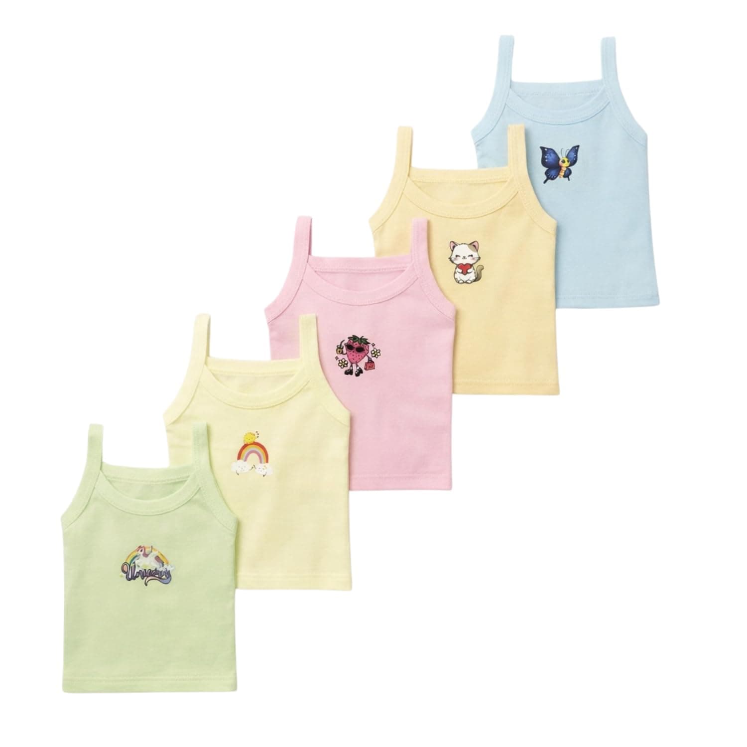 superminis Baby Girl's Sleeveless Printed Cotton Regular Fit Camisole Slips - Pack of 6 & 5