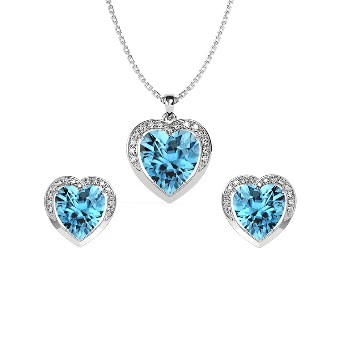 Clara 925 Silver Sky Blue Heart Pendant Earring Chain Bracelet Ring Women | Gift for Women & Girls | Rakhi for Bhabhi | Platinum Plated | Swiss Zirconia | Jewellery Set