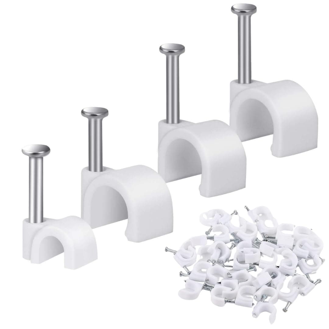 Hi-PLASST Cable Clips (4mm + 6mm + 8mm +12mm) 200pcs Combo Wire Fastener Wall Pins with Metal Nails for Cable Management, Cord Organizer, Round Wire Clamps for Hanging Cables Fitting on wall