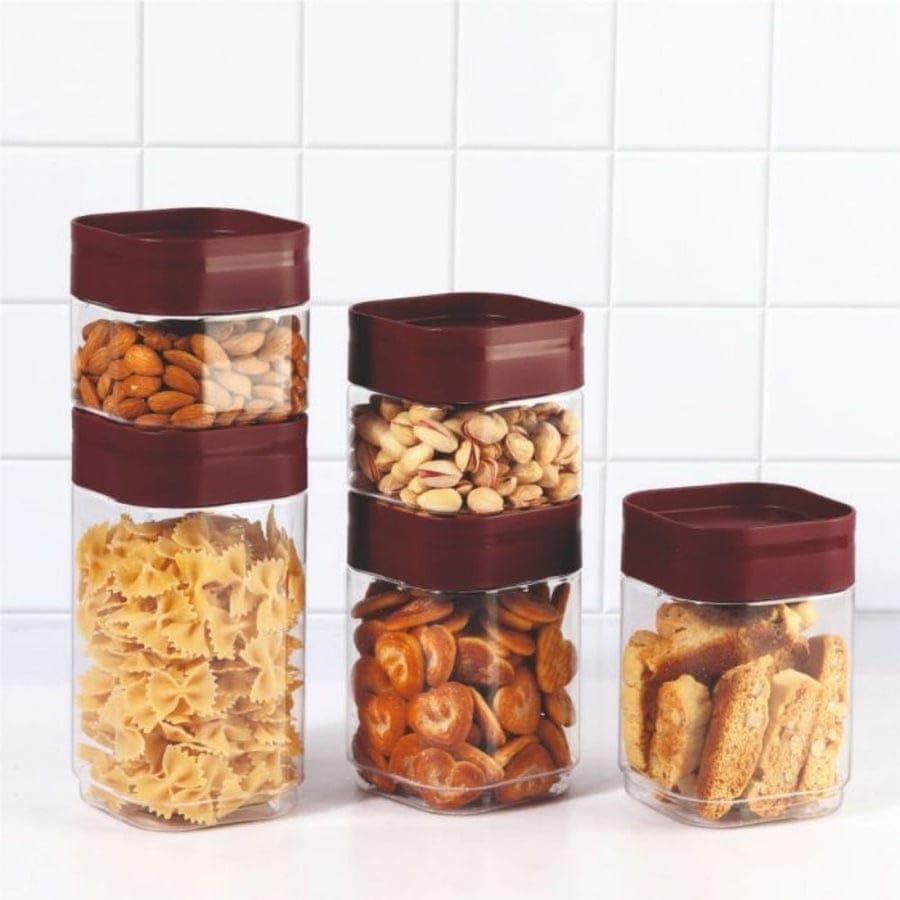 CELLO Modustack Square Pet Storage Jar For Kitchen Set of 3 Pieces, 300 ml Grey | Freezer & Fridge Safe, Airtight Stackable Pet Kitchen Storage Box Jar Container Set For Beans, Whole Grains, Spices