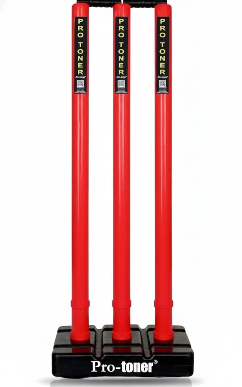 Pro-Toner Cricket Stumps Set, Red, with Base and 2 Bails, Professional Cricket Wicket Set