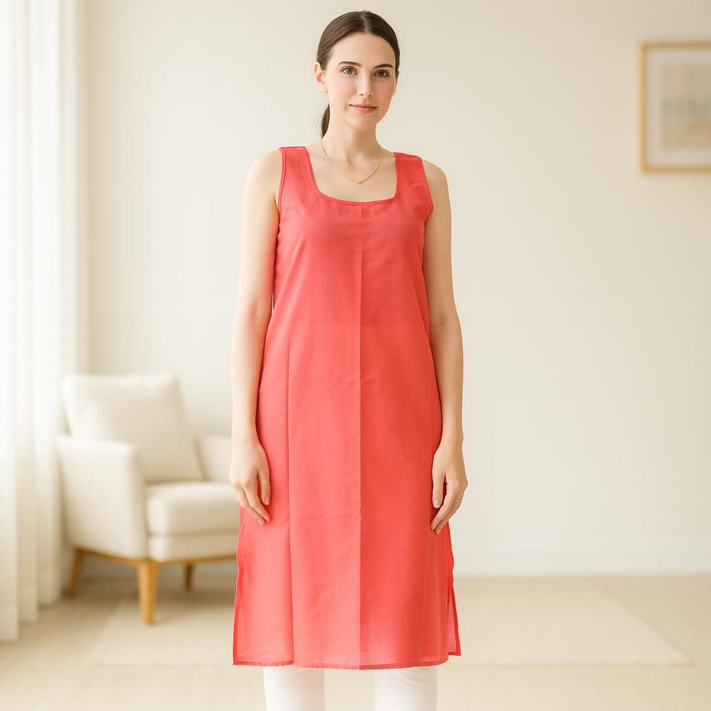 KURTIVERSE Women Cotton Blend Long Inner Slip for Kurtis & Dresses, 41 Inch Full Length Camisole Underslip with 21 Inch Side Slit, Sleeveless Non-Stretch Sameez Innerwear, Sizes S-3XL