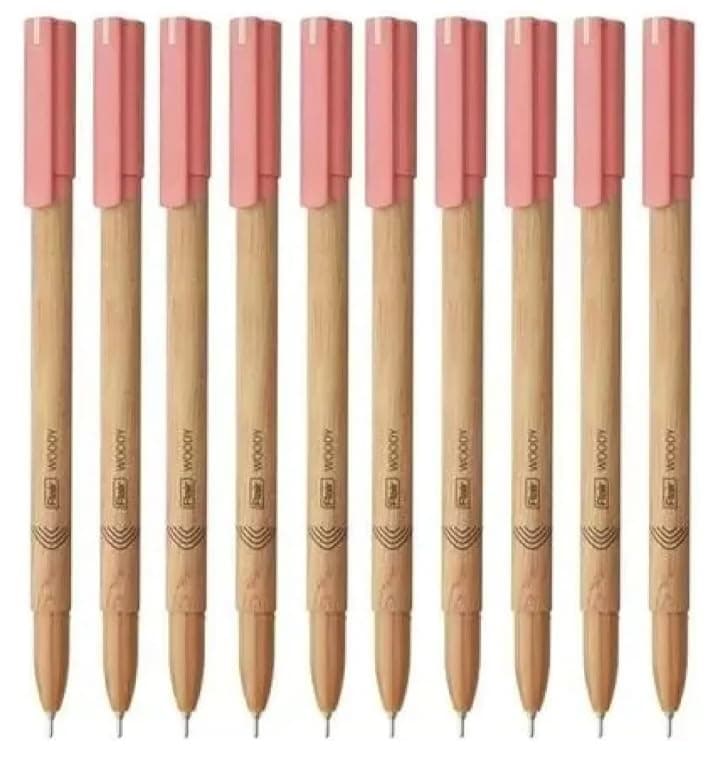FLAIR Woody Ball Pen Wallet Pack | 0.7 mm Tip Size | Smudge Free Writing | Red colour ink, Set Of 10