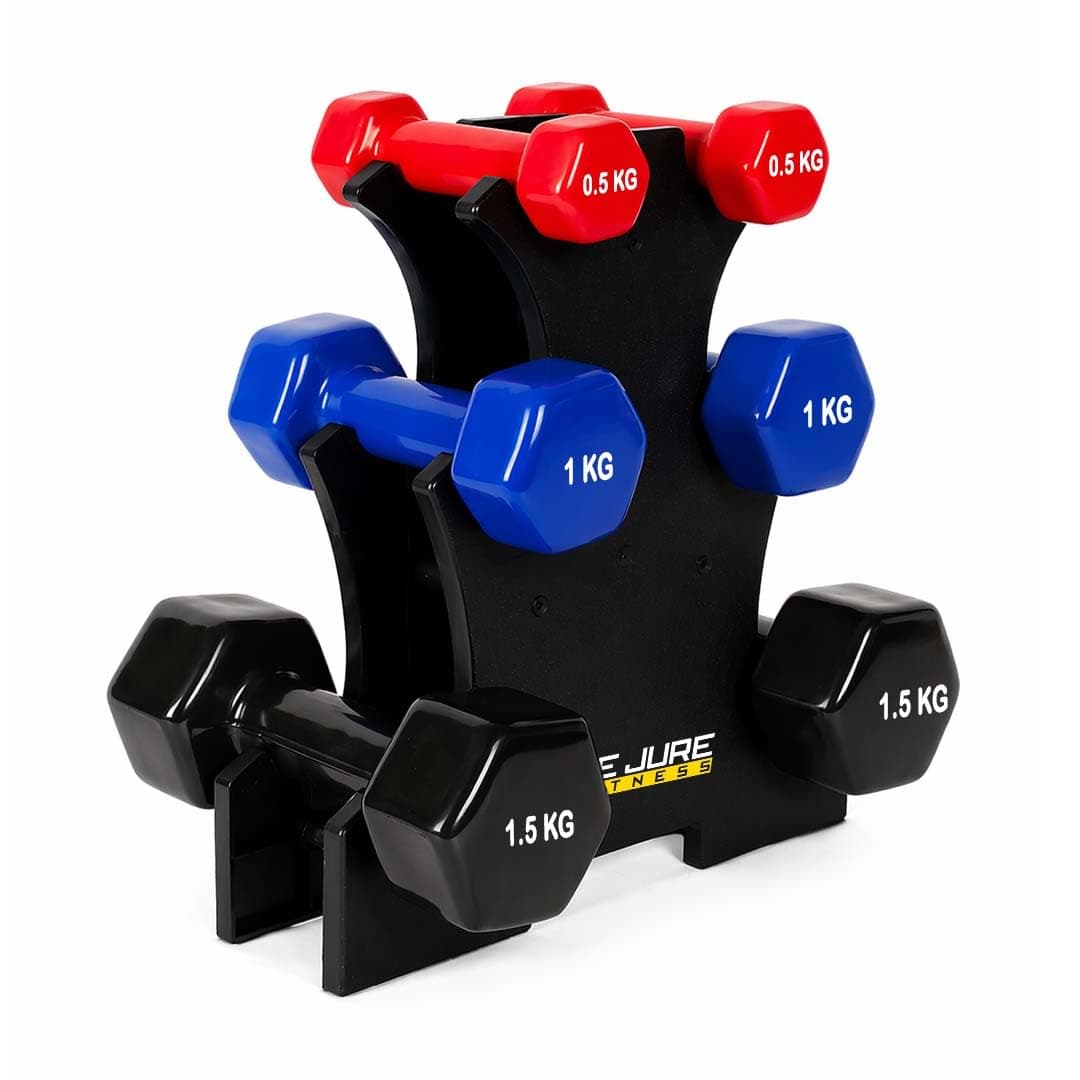 De Jure Fitness Dumbbell Set with Stand for Home Gym | 0.5kg 1kg 1.5kg 3 Pair Dumbbells Set | Vinyl Weight Set with Rack | Space Saving Compact Stand | Strength Training Workout Equipment