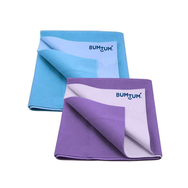 Bumtum Baby Dry Sheet Waterproof Quick Soft Fleece Baby Bed Protector | Anti - Bacterial & Odour Free | Extra Absorbant, Reuseable & Washable (Aqua Blue + Lilac Combo, Large Size, Pack of 2)