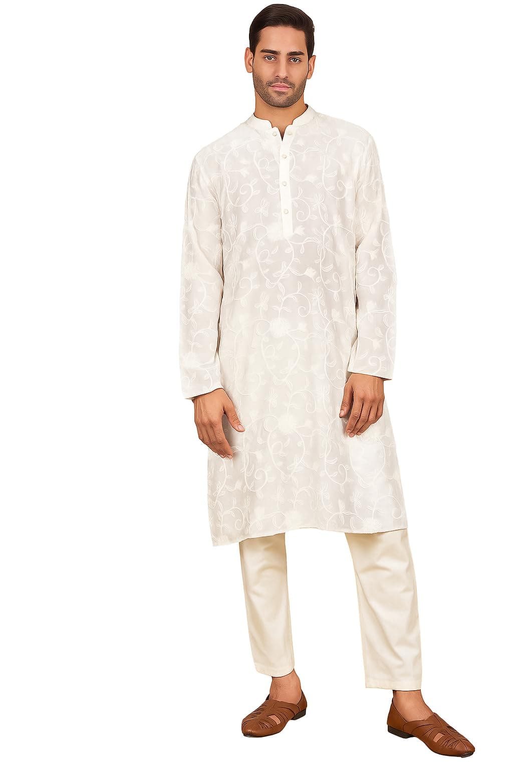Amazon Brand - Tavasya Men Rayon Blend Geometric Regular Floral Embroidered Kurta