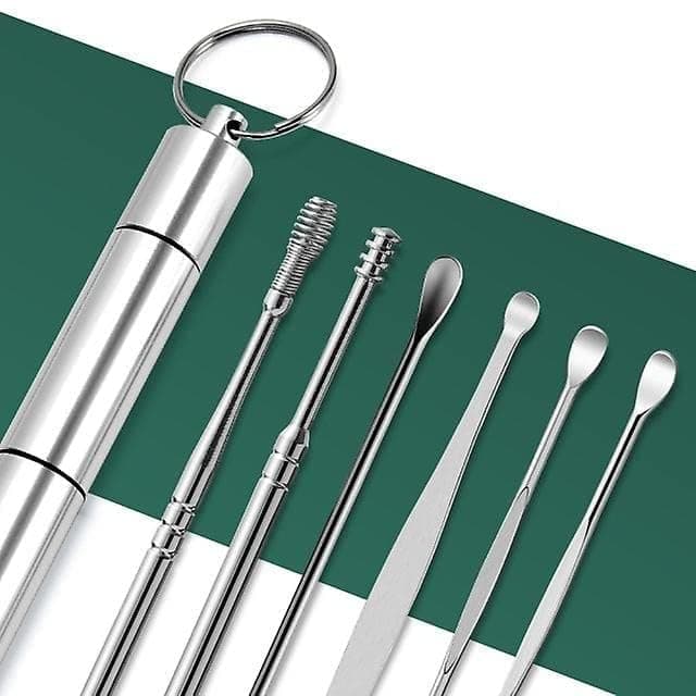 VIETNAM 6-in-1 Ear Wax Cleaner - Resuable Ear Cleaning Tools with Aluminum Tube - Ear Pick Wax Remover Tool Kit with Ear Curette Cleaner and Spring Ear Buds Cleaner Fit in Pocket Great for Traveling